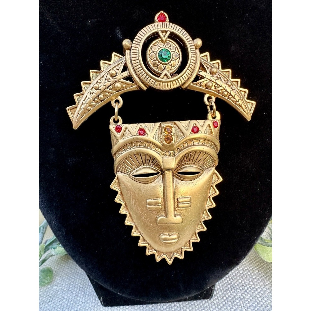 Vintage '83 Signed AVON Brooch Large African Face Mask Aztec Mayan Tribal 3x2.5"